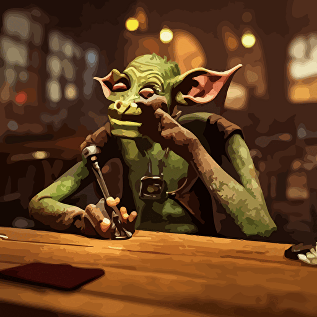 bored male goblin tinkerer sitting table cafe steampunk city close shot sharp focus shallow depth field highly detailed face 8k unreal engine 5 cinematic lighting vivid elegant fantasy concept art character art warm atmosphere artstation deep complimentary colors photorealistic hyperdetailed 3d matte painting hyperrealism hyperrealistic masterpiece