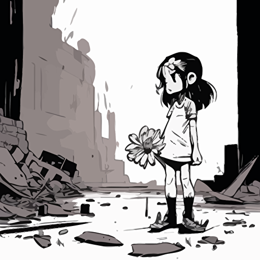 A minimalistic comic illustration of a sad little girl, in the style of Humberto Ramos, looking to the floor, with a flower in her hand, and a destroyed building in the background, style: minimalistic flat vectors, black and white, detailed, no shades.