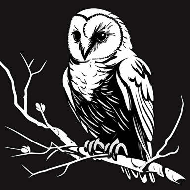 an angry white owl sat on a branch in the center looking at the camera, wearing a scarf, vector cartoon style, simple, basic, no details, black and white