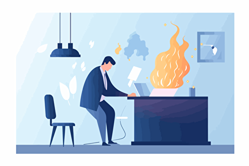 Person in an office burning money, flat style illustration for business ideas, flat design vector, industrial, light and magical, high resolution, entrepreneur, colored cartoon style, light indigo and dark indigo, cad( computer aided design) , white background