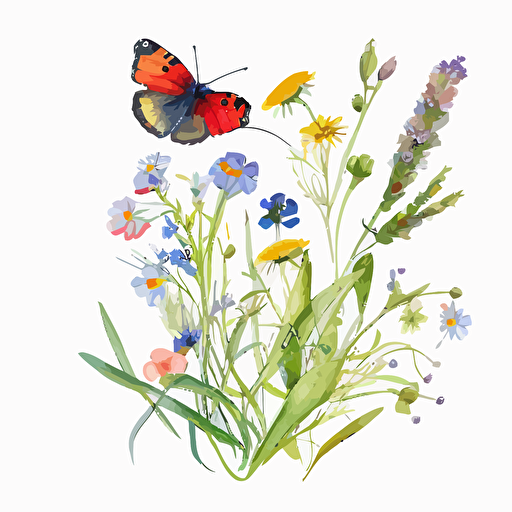 spring meadow wildflower with a butterfly, watercolour, clipart, primary colours, vector, simple, white background