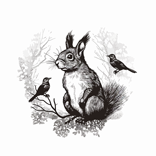 squirrel with elk antlers, black on white Illustration, simple vector, iconic