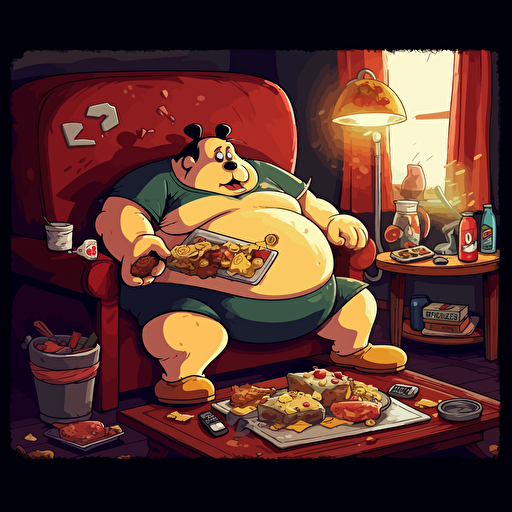obese Mickey mouse sitting on couch watching TV in his boxers. Giant burger on the table. Trashy apartment. High detail. 16k. Vector image. Black background. Five o clock shadow.