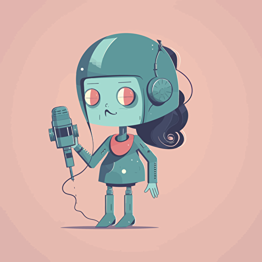 A half girl half robot speaking in front of a microphone, muted colors, 2d vector illustration with a grey background