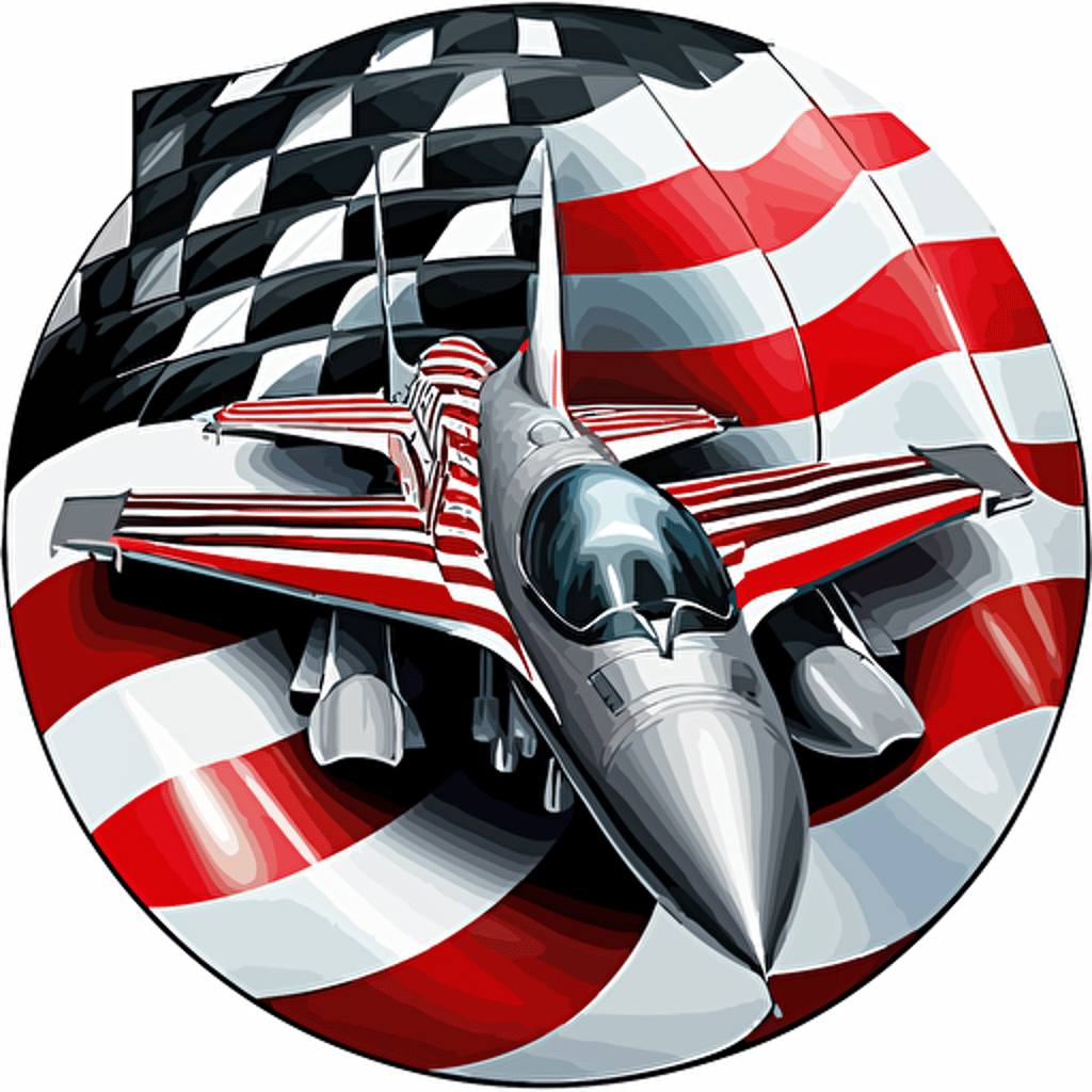 red, white, black, chess board, silver f18 jet in circle, badge, american flag, stars, stripes, jet , rook chess piece, vector art, illustration, 2d, detailed