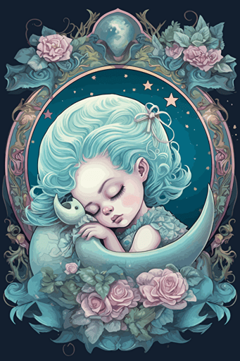 baby sleeps on crescent moon, pastel style vector Nadja Baxter Anne Stokes Nancy Noel Tara McPherson Kenny Scharf