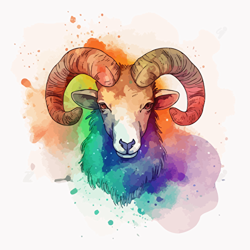vector line drawing of aries sign, with multicolor, watercolor background.