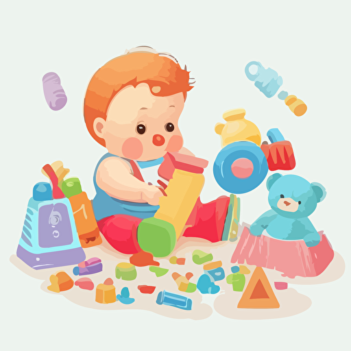 cute baby playing with toys, vector image, white background