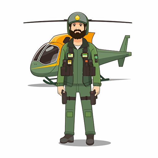 with sunglases. man with beard in a helicopter uniform and wearing a helmet standing in front of a green helicopter. vector. white background. no background