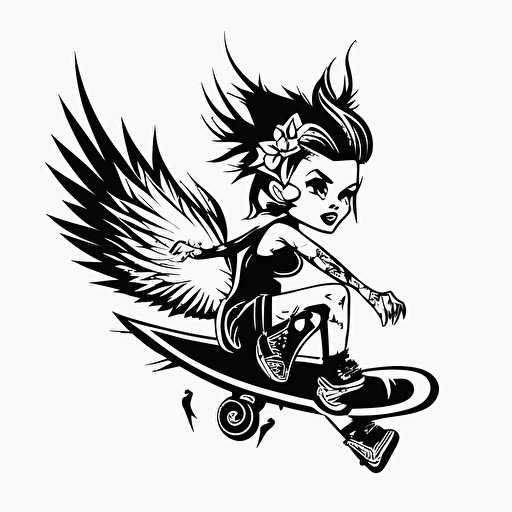 punk rock fairy riding a skateboard, vector logo, vector art, emblem, simple cartoon, 2d, no text, white background
