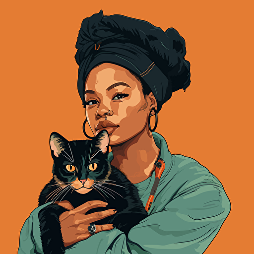 vector art style, 28 year old black female designer, holding a cat, in the style of Michael Parks
