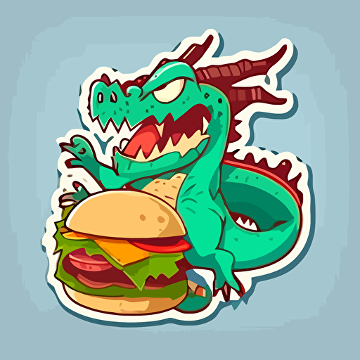 dragon and burger:sticker,illustration ,vector ,cartoon style