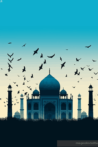 front view of the Taj Mahal, blue sky, vector design, minimalist, flat, bird silhouettes in the sky