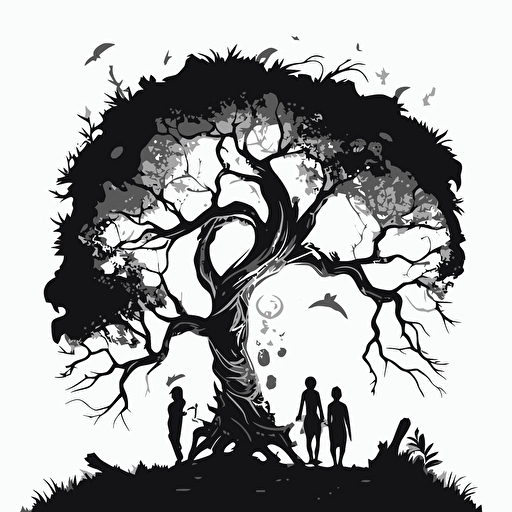 black and white vector illustration of tall and skinny magical tree, with branches that twisted and turned in every direction. three boys and a girl playing around it.