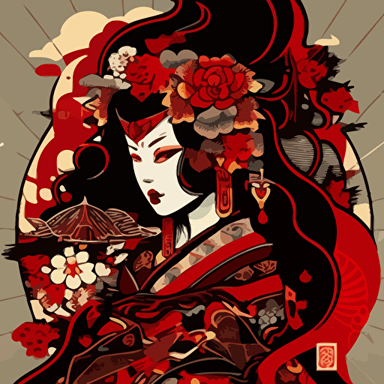japan cartoons style,geisha,ultra detail, vector art, inspired by Kanō Hōgai, ukiyo-e, by joseph binder, official product photo, trending on pixart, by tite kubo, trending on artstration, background covered with chinese patterns and various monsters