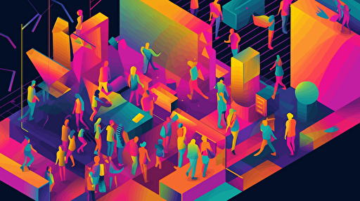 poster for an electronic music festival featuring dancers at a rave. Bright primary colours, vector art, isometric