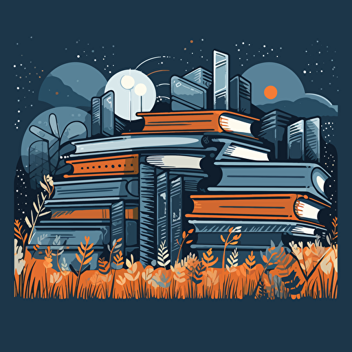 a vector image of books growing in a field, blue and orange and dark gray, graffiti style