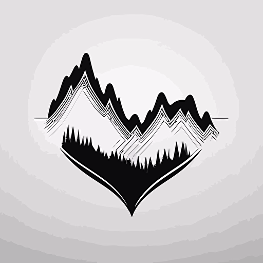 vector 2d logo for music company, heart pulse that look like sound wave in the middle of a mountain, minimal style, black and white,