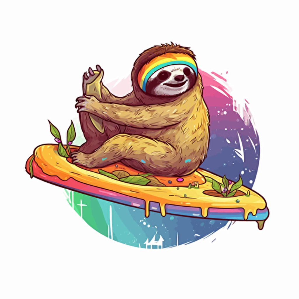A sloth surfing on a slice of pizza, vibrant color, vector art, illustration, disney style, blank white background