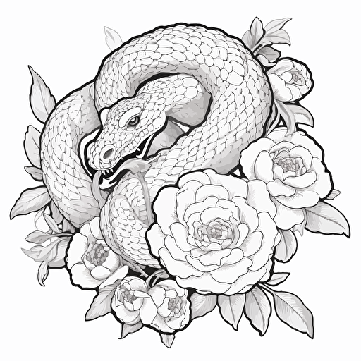 snake and peony flowers No Shadow. Cartoon. Coloring page. Vector. Simple.
