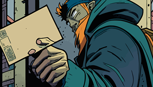 a panel from a Shōnen manga depicting an extreme close up, hand of a homeless man, handing out a brochure, color pop, flat vector art, bright colors, high resolution