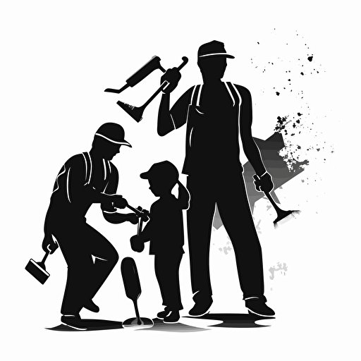 a fathers day theme logo, 2D, black and white, including 2 kids, some tools, vector tracing