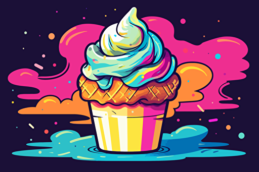 vector flat illustration of a delicious ice cream sundae with rainbow colored sprinkles and acid art style sauce in neon colors