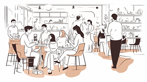 modern cafe,people sitting around,line drawing,vector line