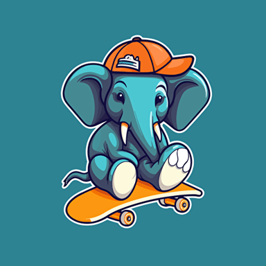 Anthropomorphic elephant riding a 4-wheeled skateboard, vinyl sticker, vector, flat, svg, logo,
