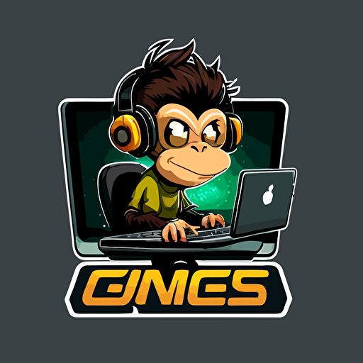 a mascot logo of a monkey wearing sungless and hacking on a computer, simple, vector