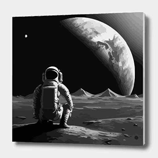 astronaut looking back on earth from the moon’s surface photorealism vector black and white