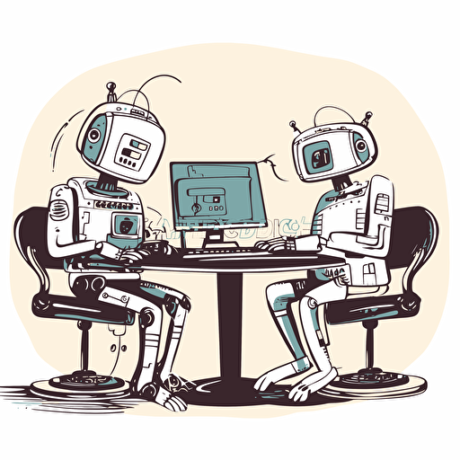 a friendly robot and a human working next to each other on their computers, white background, in the style of vector art,