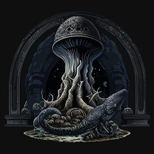 Illustrated, vector, sticker, hyperdetailed, octopus like and black hole in space, with a mitre in the shape of a mushroom, in a silk jet soutane, holy portal, standing on a pedestal on a small island by H. R. Giger