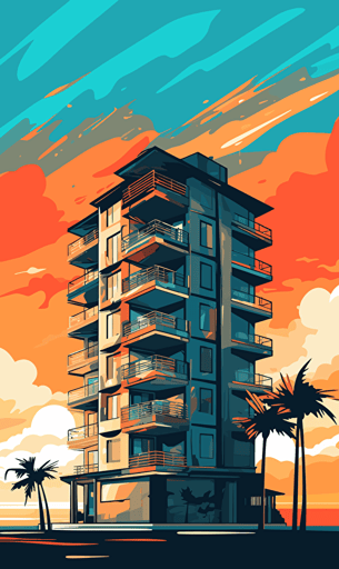 building on the beach, sea, sky, orange and blue, simple vector art style,
