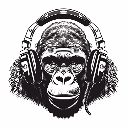 gorilla wearing headphones, vector design style, no text, solid white background