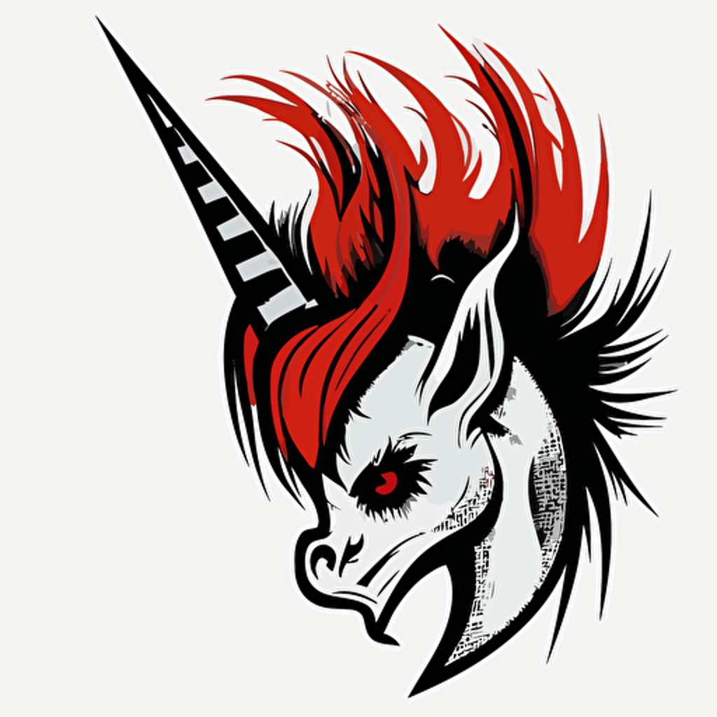 punk rock unicorn, vector logo, vector art, emblem, simple cartoon, 2d, no text, white background