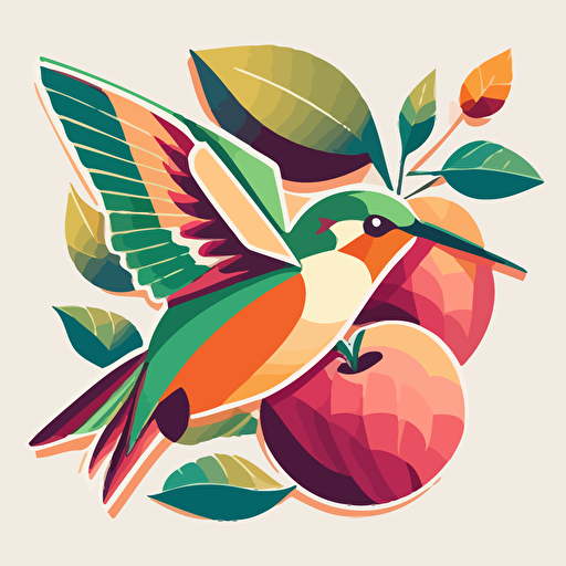 Pop Art Deco Hummingbird and fruits, Vector, Logo, green, pink, orange