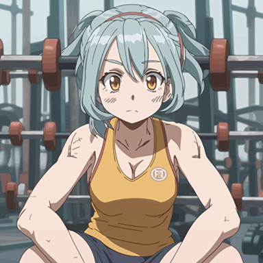 anime girl wearing sbd gear doing powerlifting exercices, facial expression displayed a strained expression, sweat dripping from the furrowed brow, tongue is out,