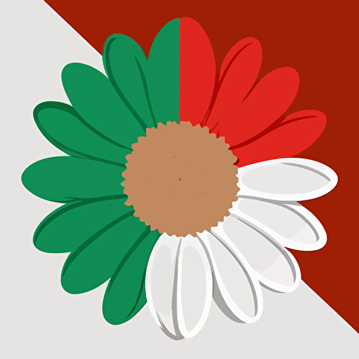 one daisy with 1/4 of petals in green, 1/4 of petals in red and the remaining petals in white, white background, minimalist logo style, flat, vector art, vibrant colors