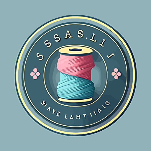a logo, simple vector of a spool of sewing thread, illustrator style, in pink, blue, yellow and gray
