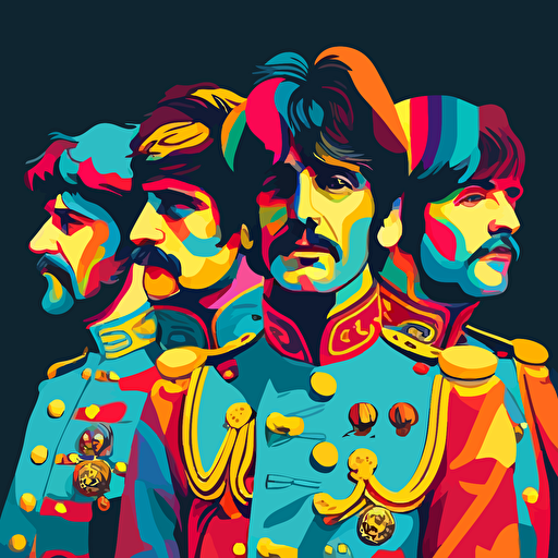 dynamic performance, four Beatles playing music from front, upper body, uniform Sgt. Pepper's Lonely Hearts Club Band, detail rich vector illustration in the colors , yellow red blue turquoise pink