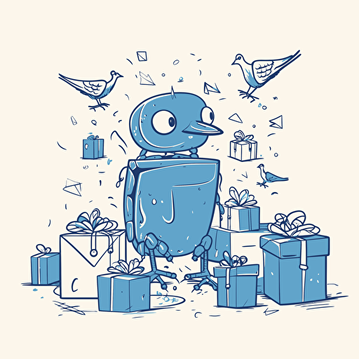 vector doodle minimalist, thinking computer robot, within background contains giftboxes and blue birds