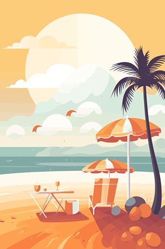 background image, summer beach, pastel colour illustration, flat vector, sunbed, palm trees, bright, bbq