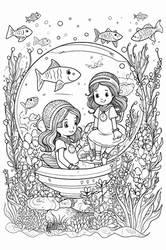 colouring book for kids, various mermaids separated by space, cartoon style, vector, little detail, no shadow, black and white, white background