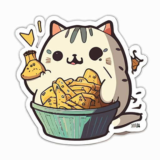 sticker, cute, hungry cat eating potato, liu yi artist style, vector, contour, white background