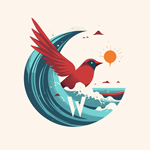 modern, flat, vector logo of a cardinal flying through a tidal wave, letters T W