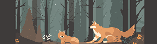vector illustration of a wolf nursing her little cubs, forest scenery