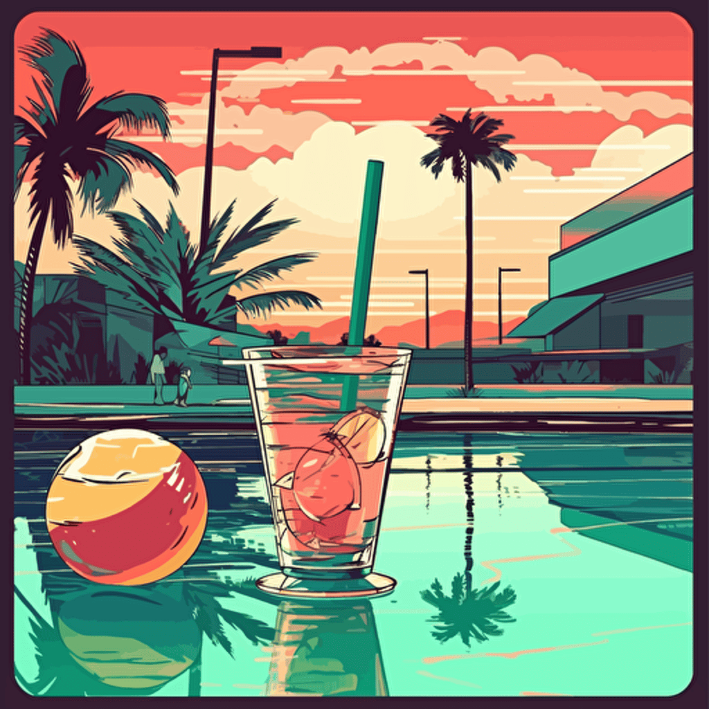 80's, poolside, city pop, palm trees, California, cocktails, vector art