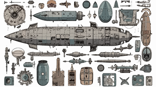 assorted ship parts that belong to a space ship, isolated, vector illustration