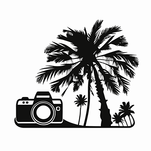 iconic logo with palm tree in upper left corner and a car with outlining of a dslr camera, black vector, on white background